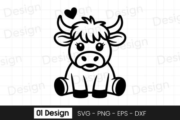 Cute Baby Cow with Heart Cartoon Graphics for Crafts