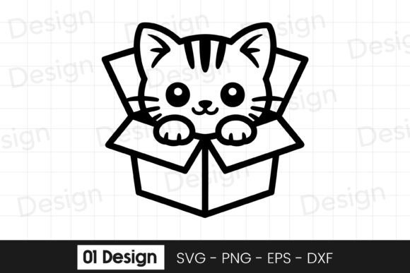 Cute Kitten in Box Outline Graphics for Crafts